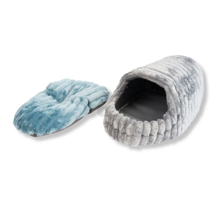 Wielka przytulna budka z polaru minki stripes (szary z niebieską poduchą)