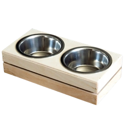 Drewniana jadalnia z metalowymi miseczkami 2x220ml dla małych zwierząt