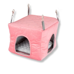 Domek z usztywnianym dnem i wodoodporną poduchą z szarego polaru minki i koralowej pikówki