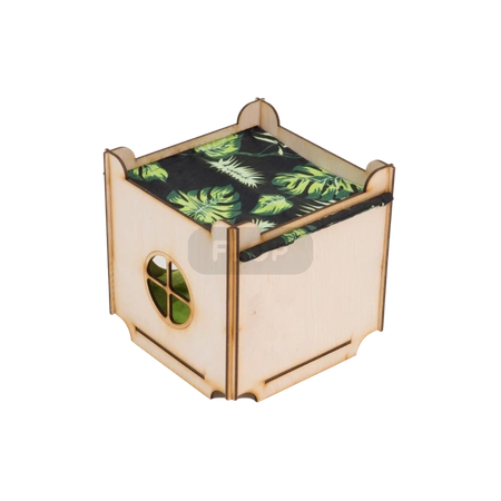 Domek z dachem - hamakiem i mięciutką poduchą w liście na czarnym tle dla małych zwierząt domowych