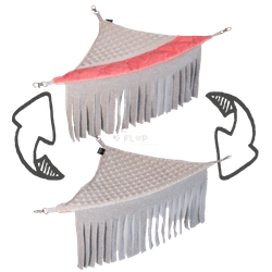Hamak narożny z frędzelkami z szarego polaru minki i koralowej pikówki dla małych zwierząt