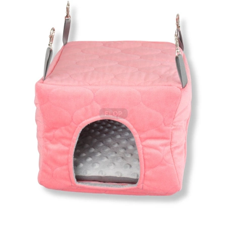 Domek z usztywnianym dnem i wodoodporną poduchą z szarego polaru minki i koralowej pikówki