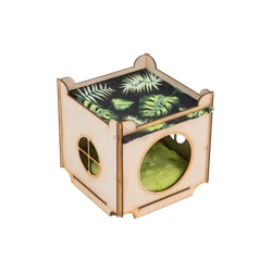 Domek z dachem - hamakiem i mięciutką poduchą w liście na czarnym tle dla małych zwierząt domowych