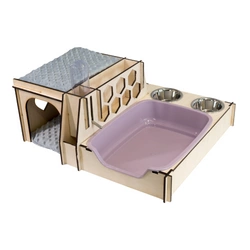 ALL IN ONE z różową kuwetą czyli domek z kuwetą i jadalnią dla małych zwierząt