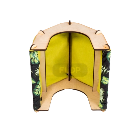 Namiot z tekstylnym pokrowcem w liście na czarnym tle dla małych zwierząt domowych