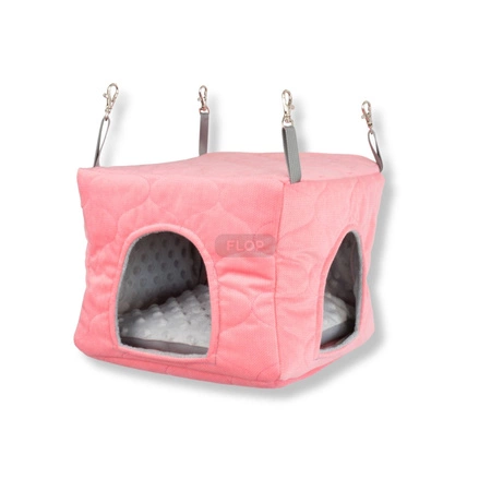 Domek z usztywnianym dnem i wodoodporną poduchą z szarego polaru minki i koralowej pikówki